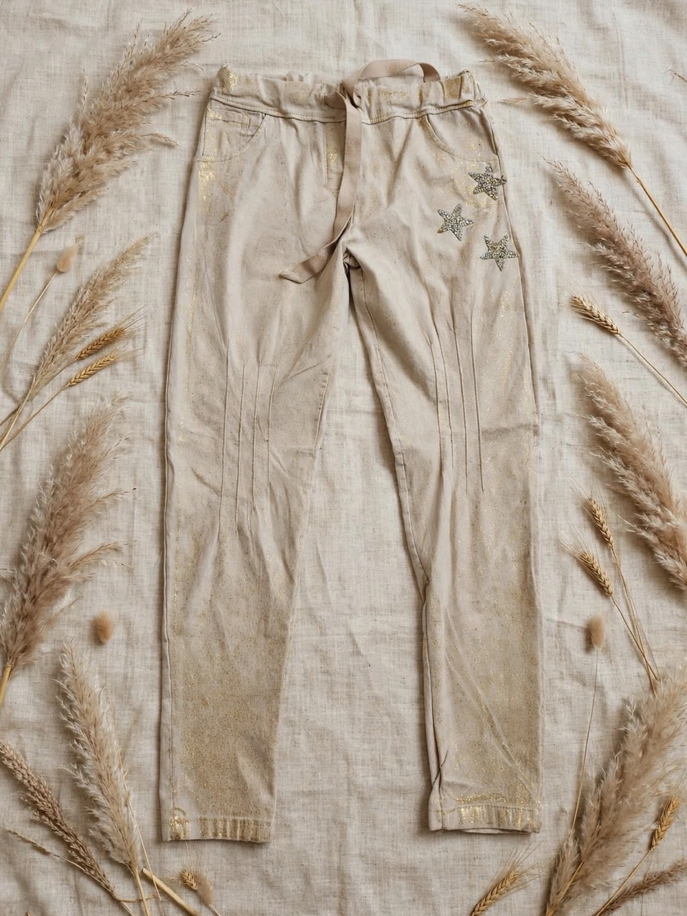 Beige women’s Drawstring Pants with Star Accent